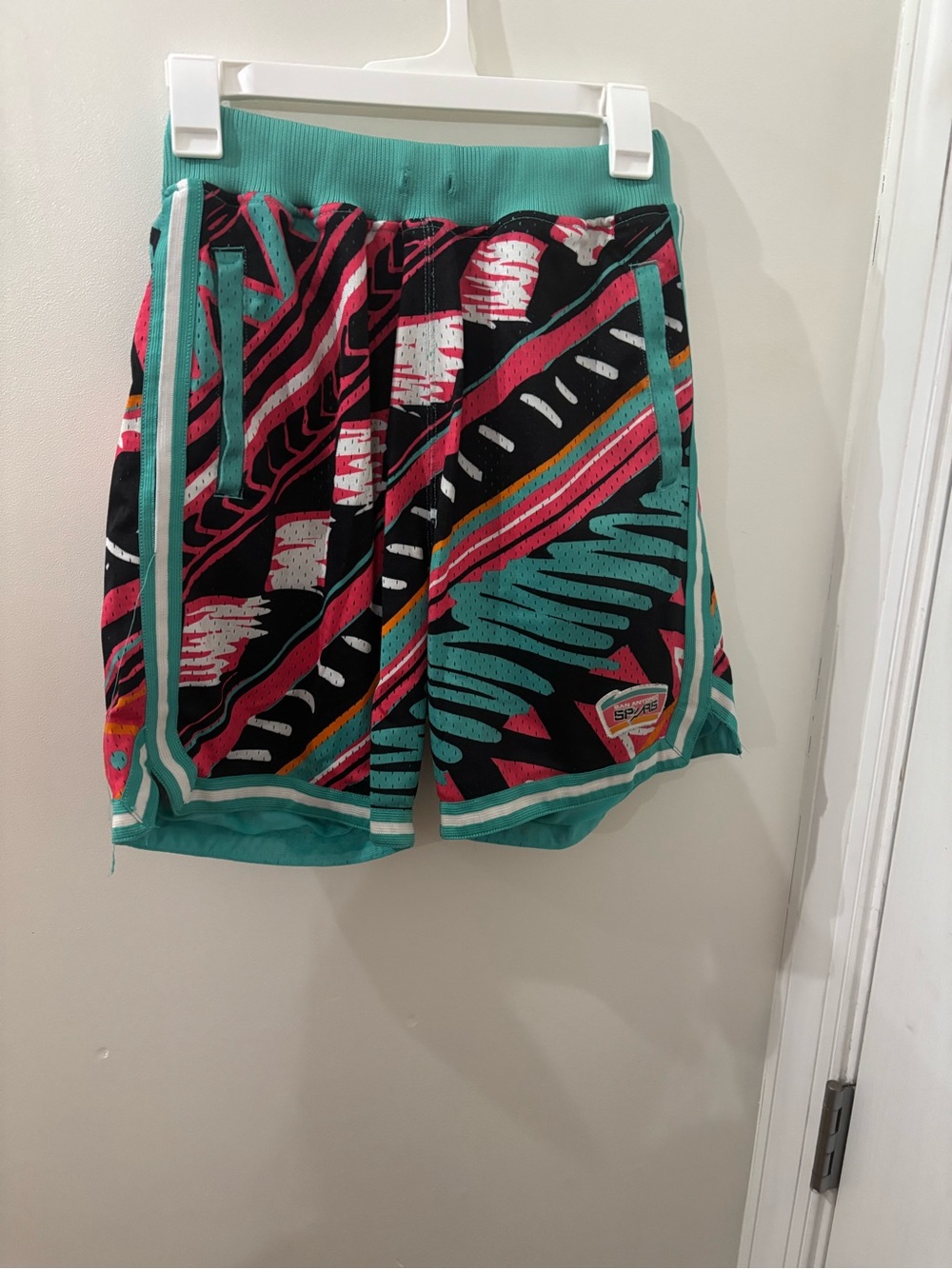 San Antonio Spurs logo, Vibrant Retro Stripe Athletic Shorts - Teal, Pink, Black